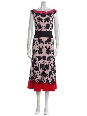 McQ by Alexander McQueen Pink and Black Floral Midi Dress with Red Trim